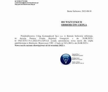 PISMO WPROWADZAJĄCE TARYFĘ DLA ODBIORCÓW